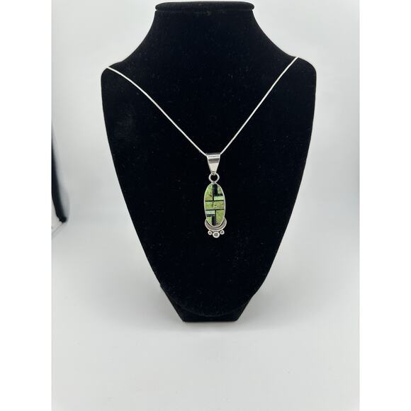 Native American Made Inlayed Green Turquoise/Onyx/Opal Sterling Silver Necklace - Picture 3 of 8